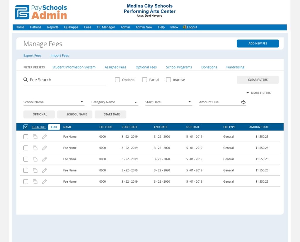 Fees Landing Filter Open